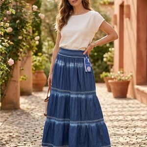 Indigo Tiered Denim-Blue Maxi Skirt